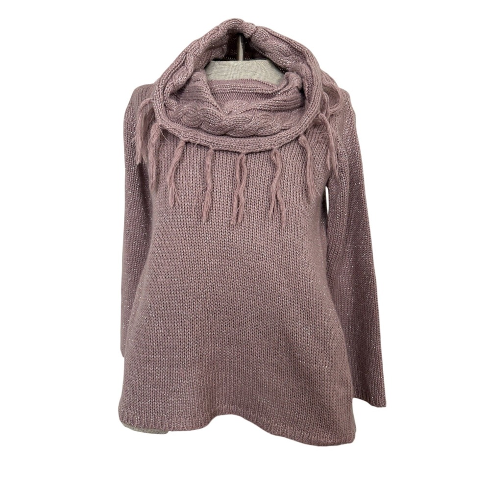 Notations XL‎ Mauve Knit Hooded Sweater Fringe Detail Metallic Thread Cozy